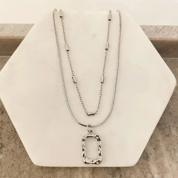 925 Sterling Silver Necklace Set Geometric Textured Square Pendant Sequin Chain - Picture 1 of 11